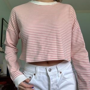 Pink and white striped boxy long sleeve tee